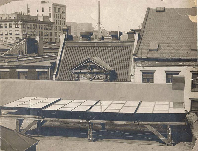 A photo of the first rooftop solar panels installed on a New York building in 1894. 