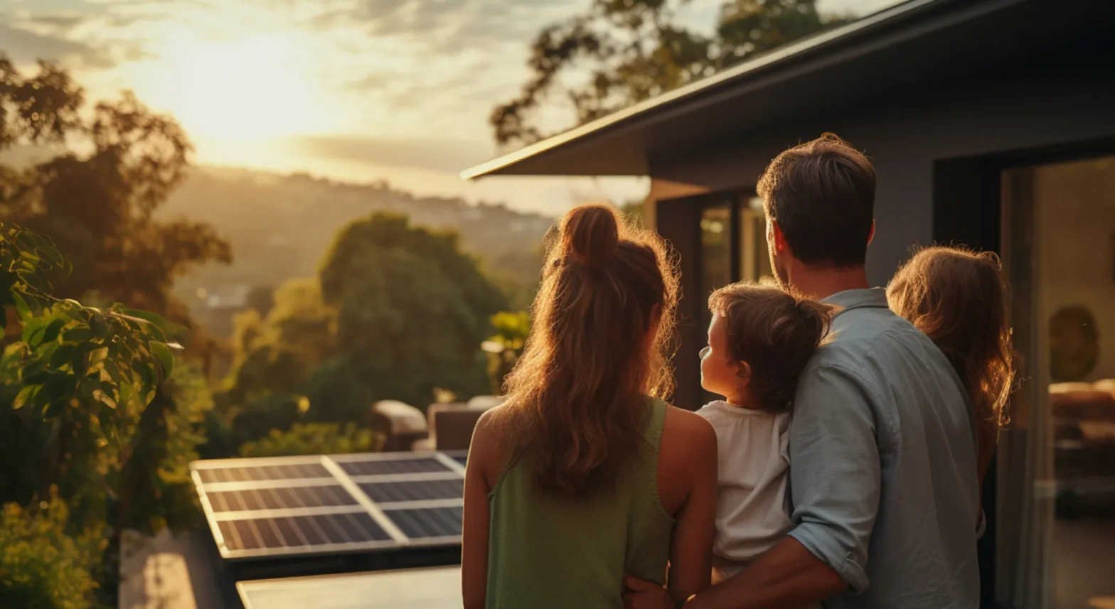 Young Australian family watching the sun shine on their solar panels on the lower level of their home.